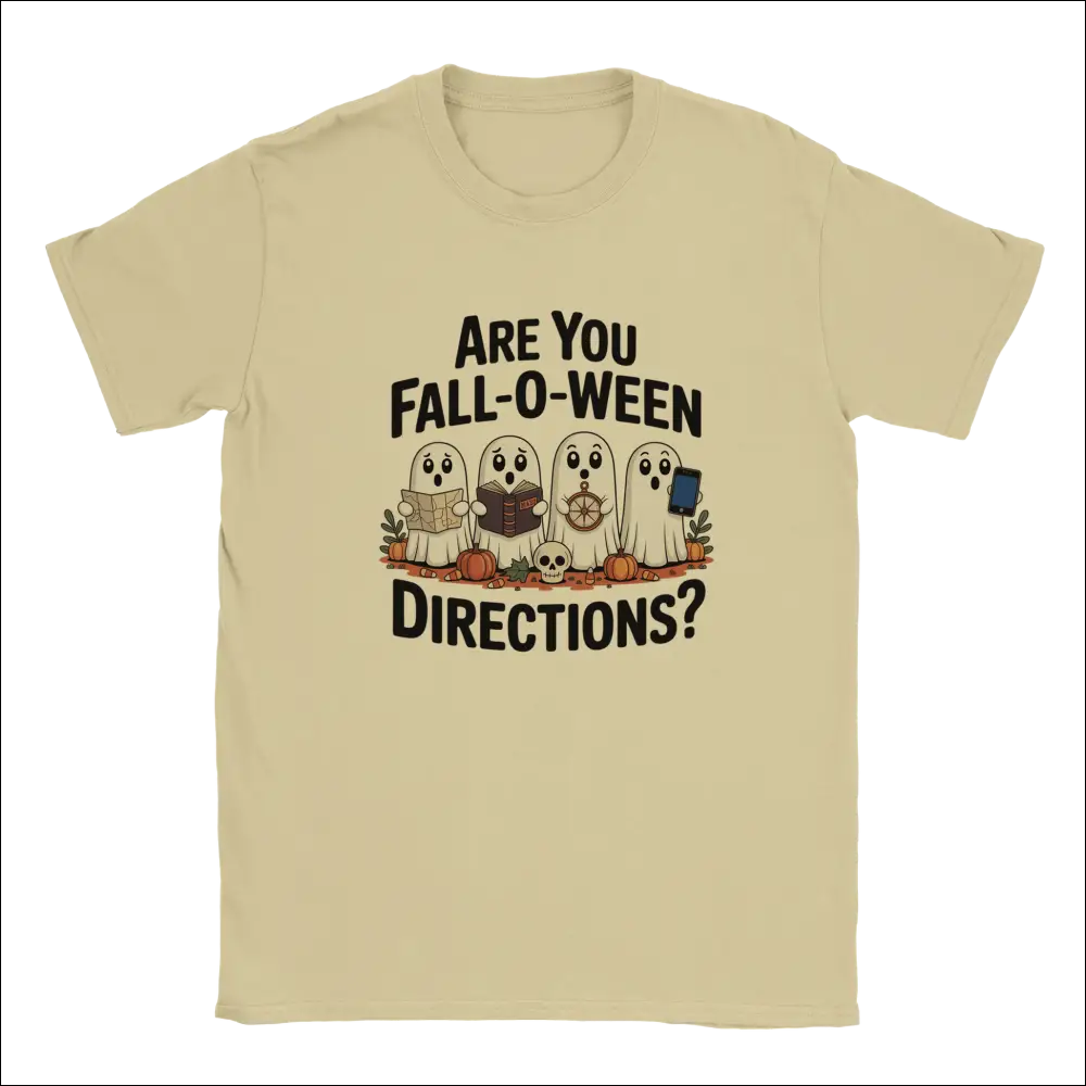 Beige short-sleeve Halloween t-shirt with cartoon ghosts and Fall-O-Ween pun
