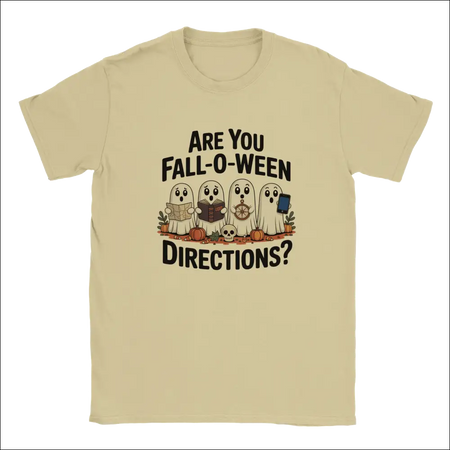 Beige short-sleeve Halloween t-shirt with cartoon ghosts and Fall-O-Ween pun