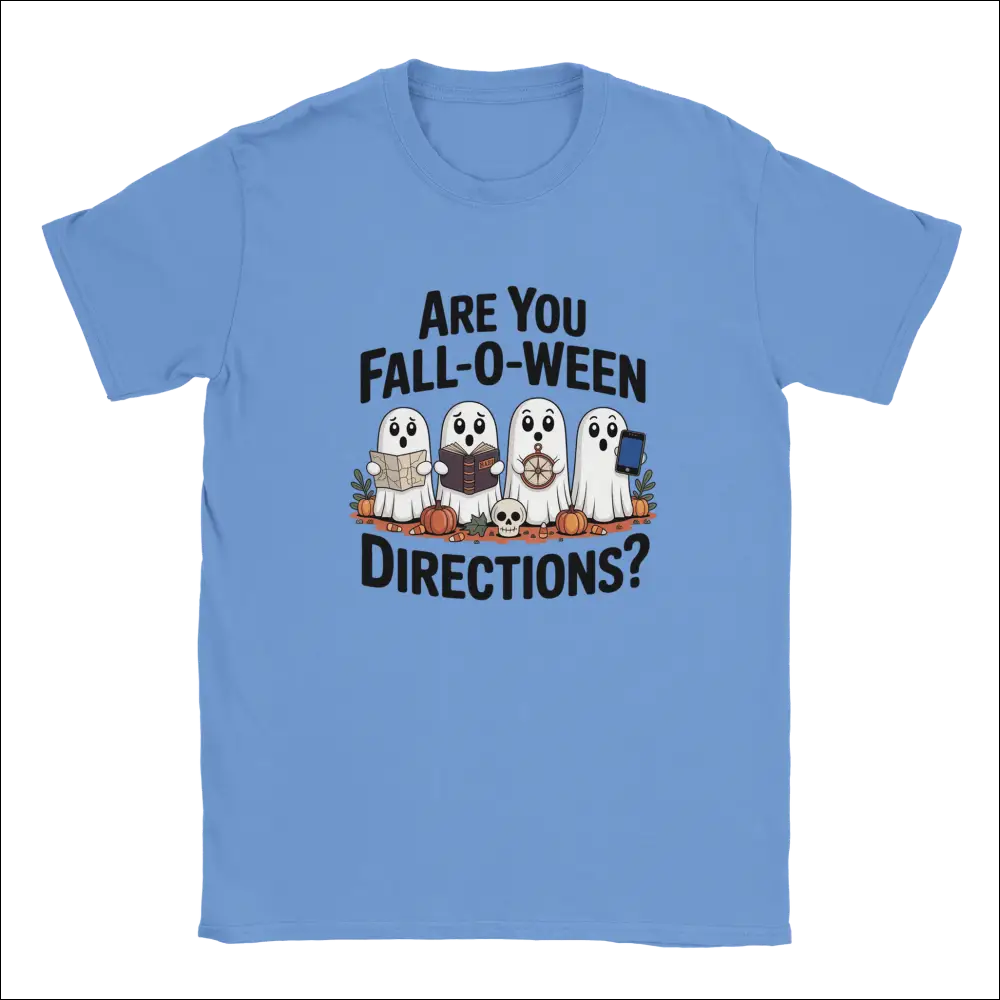 Light blue cotton Halloween t-shirt with cartoon ghosts holding map, book, wheel, phone