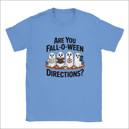 Light blue cotton Halloween t-shirt with cartoon ghosts holding map, book, wheel, phone
