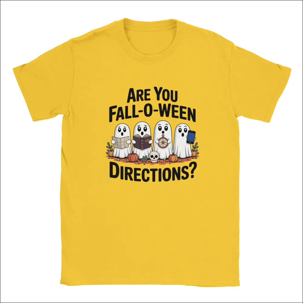 Yellow short-sleeved Halloween t-shirt with cartoon ghosts and punny text
