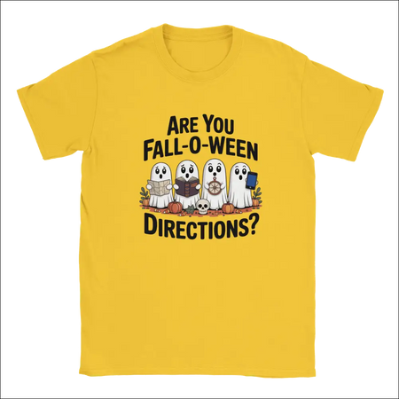 Yellow short-sleeved Halloween t-shirt with cartoon ghosts and punny text