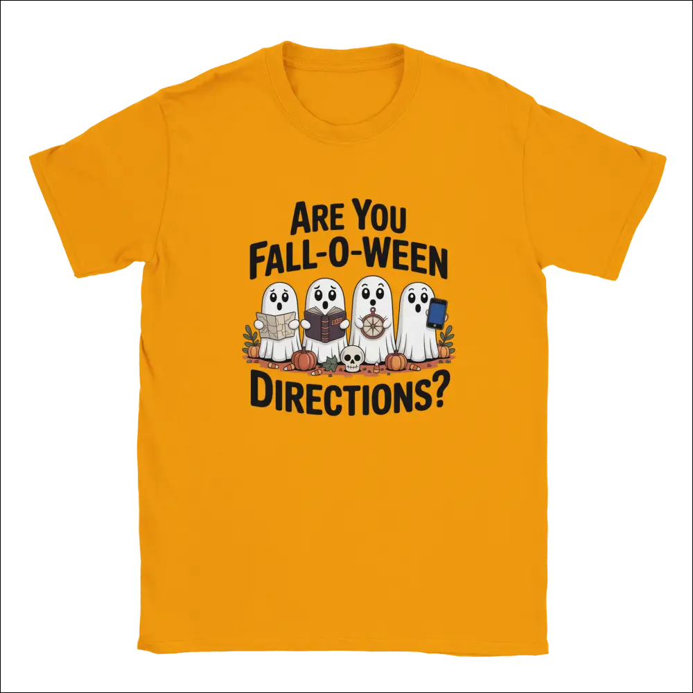 Vibrant orange Halloween t-shirt with cartoon ghosts holding map, book, wheel, phone