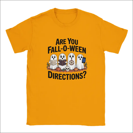 Vibrant orange Halloween t-shirt with cartoon ghosts holding map, book, wheel, phone