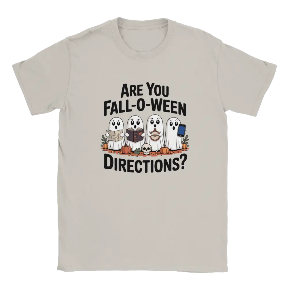 Beige short-sleeved Halloween t-shirt with playful ghost design and Are You Fall-O-Ween Directions text