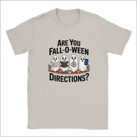 Beige short-sleeved Halloween t-shirt with playful ghost design and Are You Fall-O-Ween Directions text