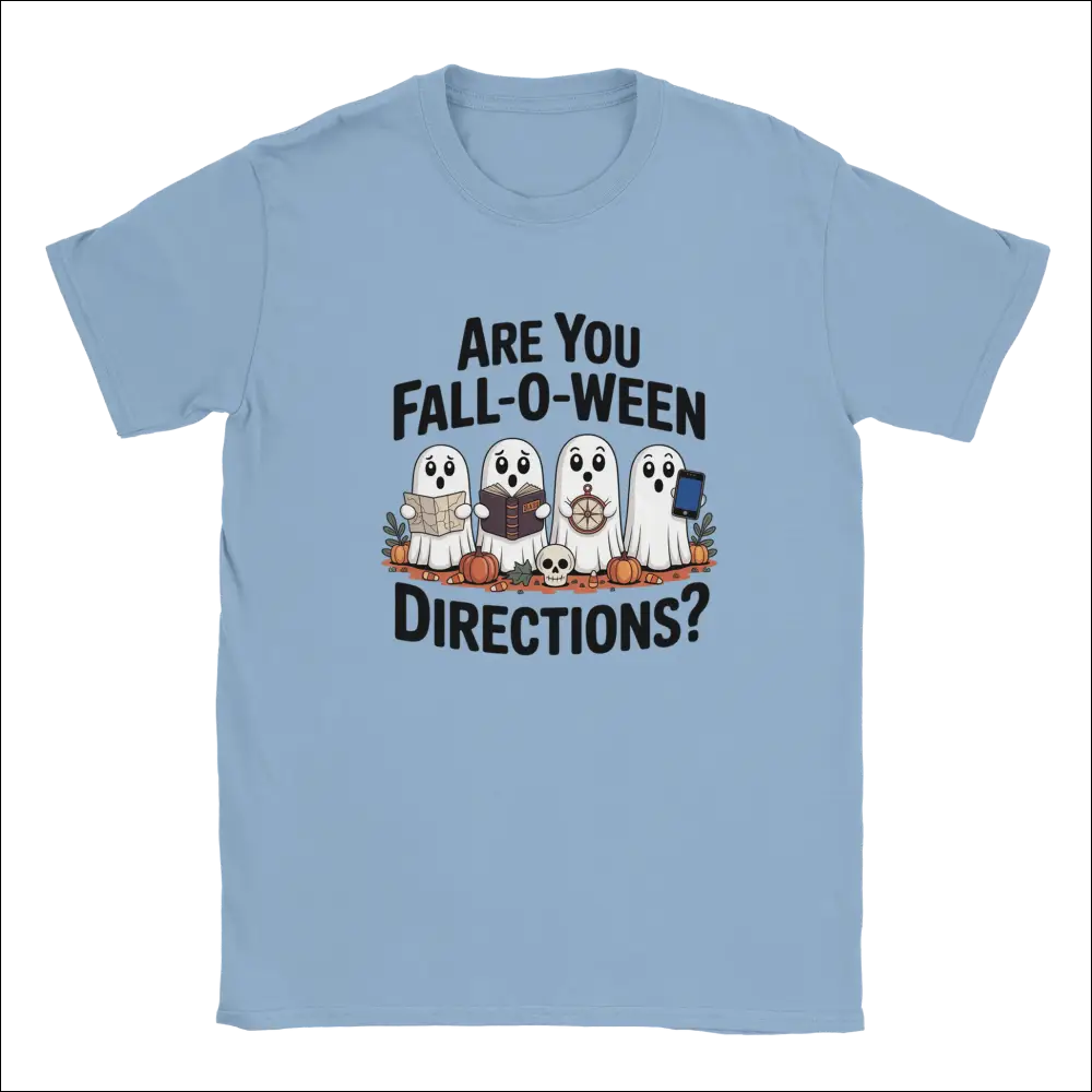 Light blue Halloween t-shirt with cartoon ghosts and Fall-O-Ween pun text