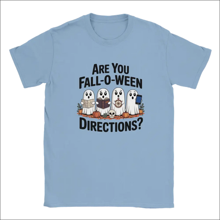 Light blue Halloween t-shirt with cartoon ghosts and Fall-O-Ween pun text