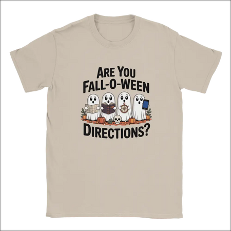 Beige short-sleeved Halloween t-shirt with fun ghost design holding map, book, wheel, phone