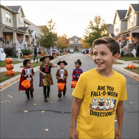 Yellow Halloween T-Shirt with black text and cartoon ghosts: Are You Fall-O-Ween Directions?