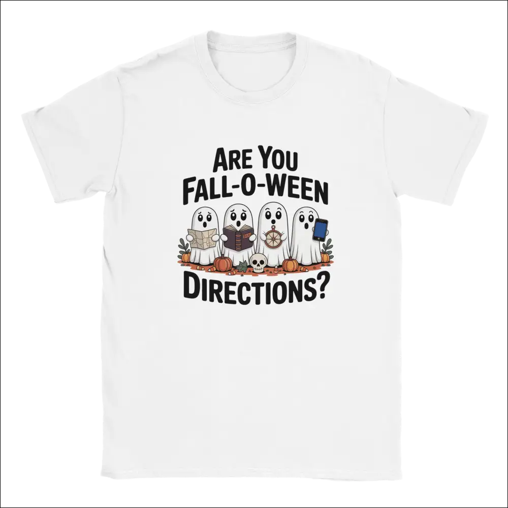White cotton Halloween t-shirt with cartoon ghosts and Fall-O-Ween Directions text
