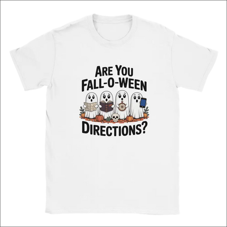 White cotton Halloween t-shirt with cartoon ghosts and Fall-O-Ween Directions text