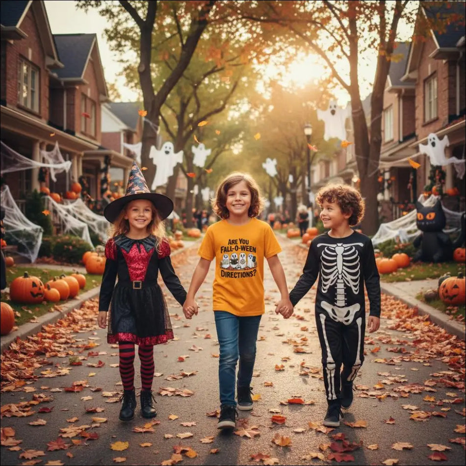Three kids in Halloween costumes stroll hand-in-hand on fall street with pumpkins