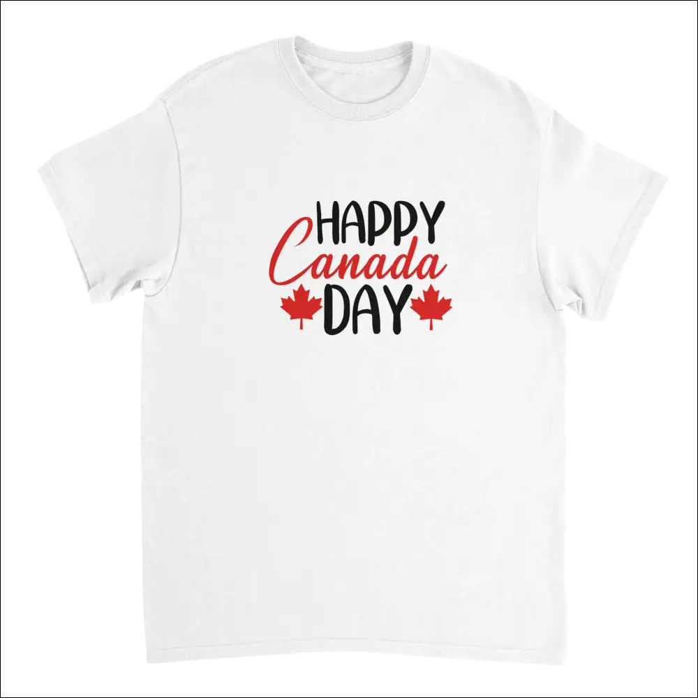 White cotton Happy Canada Day t-shirt with red maple leaves