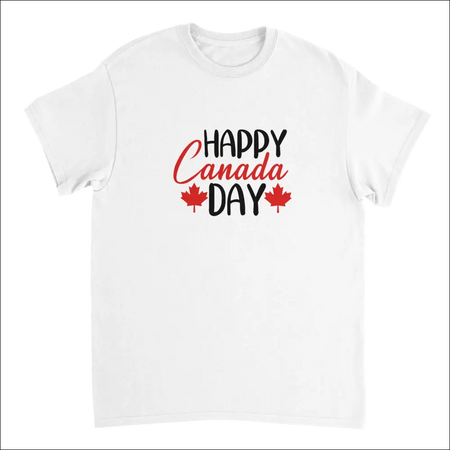 White cotton Happy Canada Day t-shirt with red maple leaves