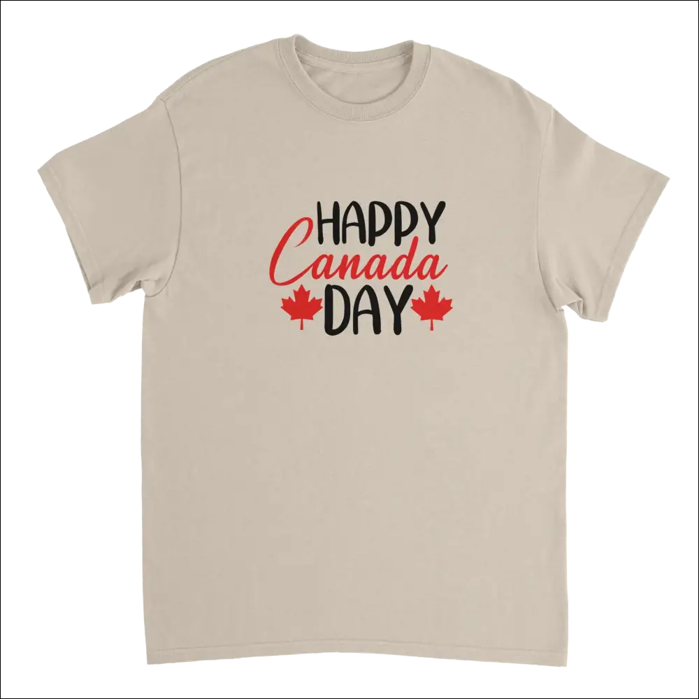 Beige short-sleeved Happy Canada Day t-shirt with red maple leaves