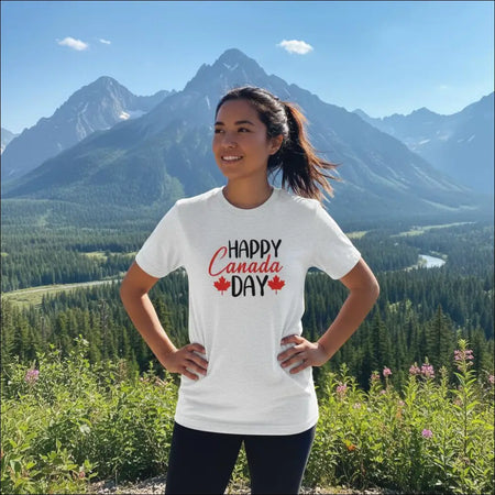 White cotton Happy Canada Day t-shirt with red maple leaves