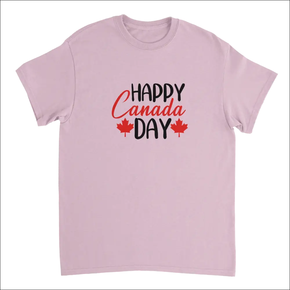 Soft pink short-sleeved Happy Canada Day T-shirt with red maple leaves