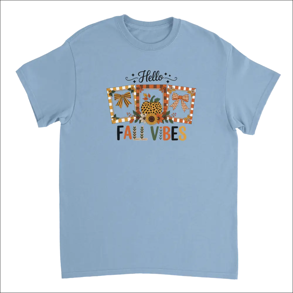 Light blue Hello Autumn Vibes T-shirt with colorful fall graphic