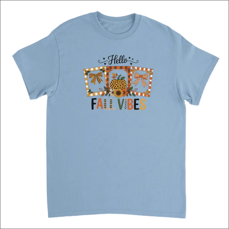 Light blue Hello Autumn Vibes T-shirt with colorful fall graphic