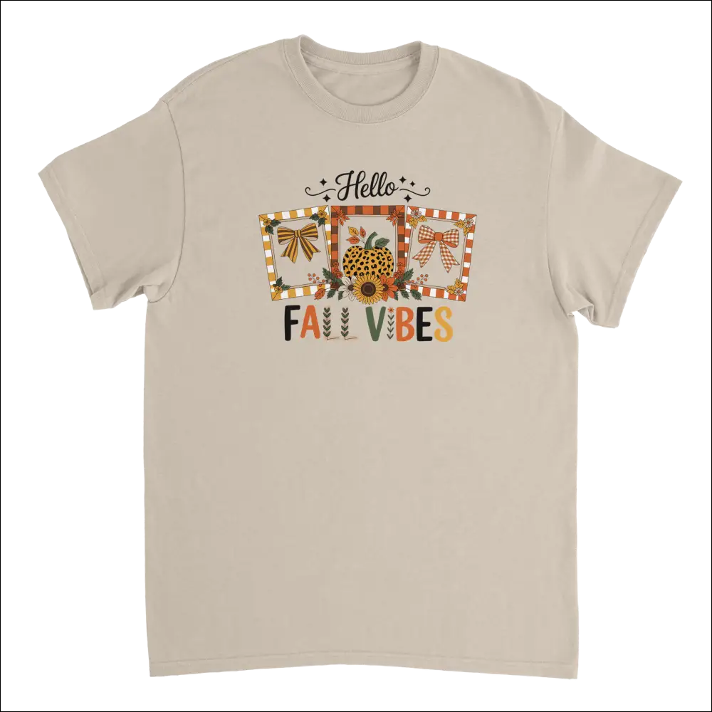 Beige short-sleeved Hello Autumn Vibes T-shirt with colorful fall graphic