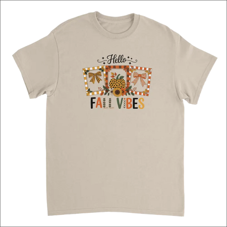 Beige short-sleeved Hello Autumn Vibes T-shirt with colorful fall graphic