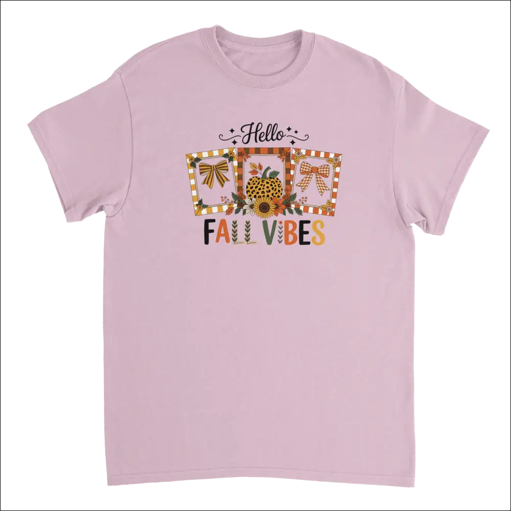 Soft pink short-sleeved Hello Autumn Vibes T-shirt with fall graphic