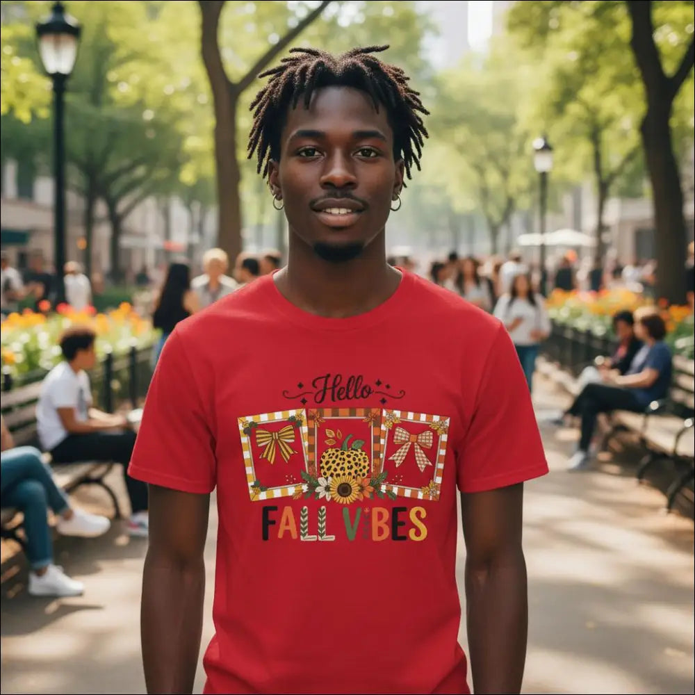 Red cotton Hello Autumn Vibes T-shirt with colorful fall graphic