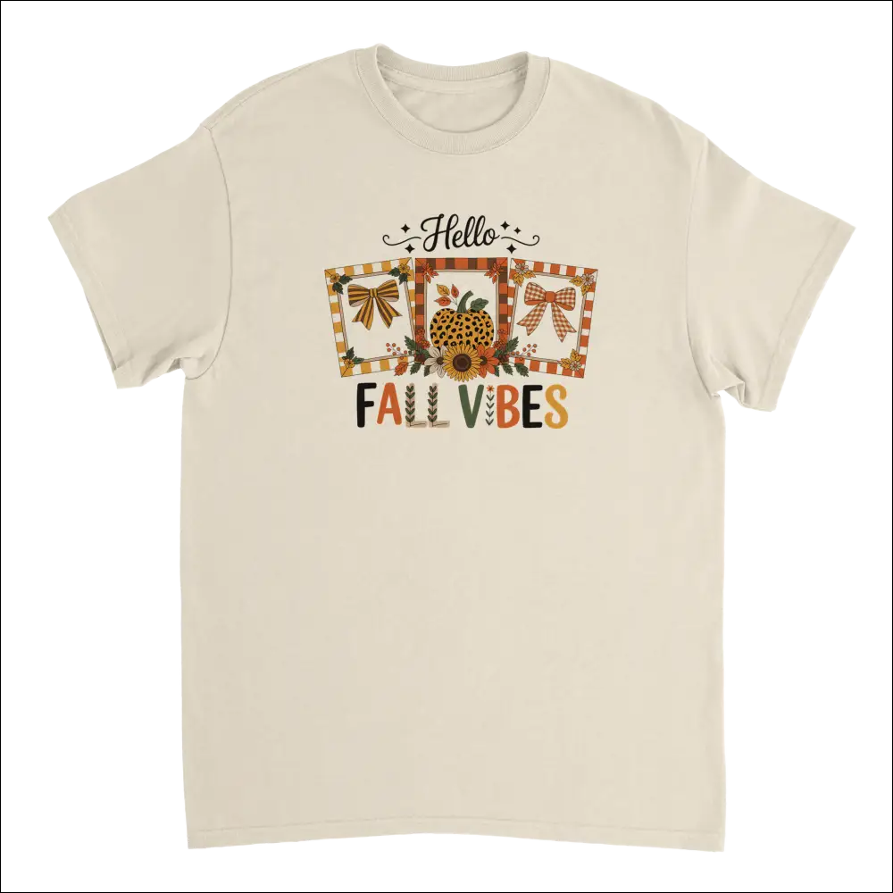 Cream-colored Hello Autumn Vibes T-shirt with fall graphic