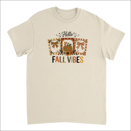 Cream-colored Hello Autumn Vibes T-shirt with fall graphic