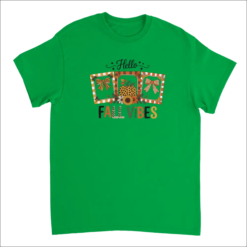 Vibrant green short-sleeve Hello Autumn Vibes T-shirt with fall graphic