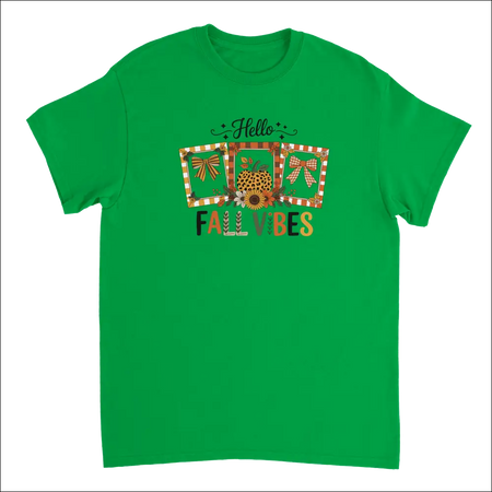 Vibrant green short-sleeve Hello Autumn Vibes T-shirt with fall graphic