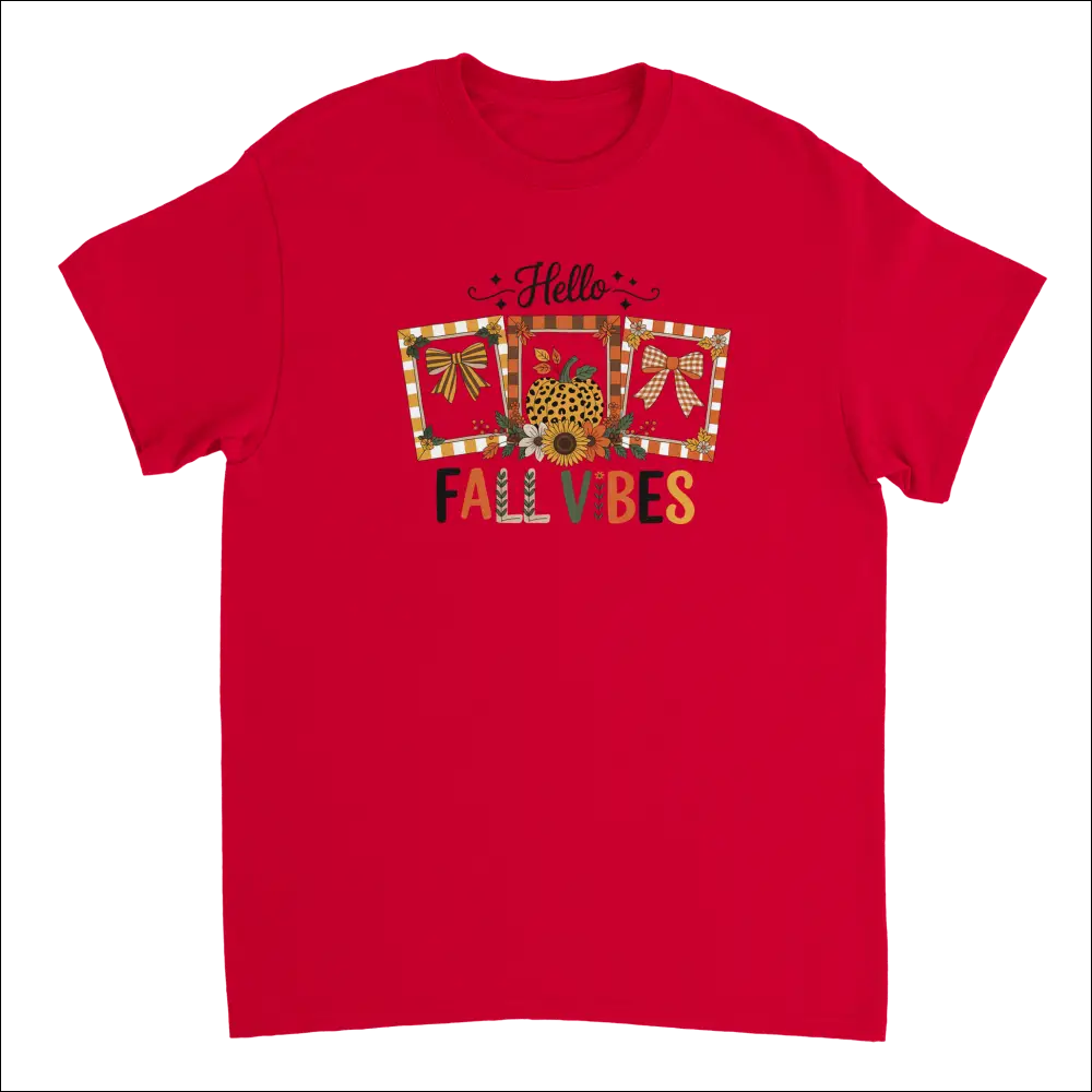 Red cotton Hello Autumn Vibes T-shirt with colorful fall graphic