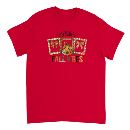 Red cotton Hello Autumn Vibes T-shirt with colorful fall graphic