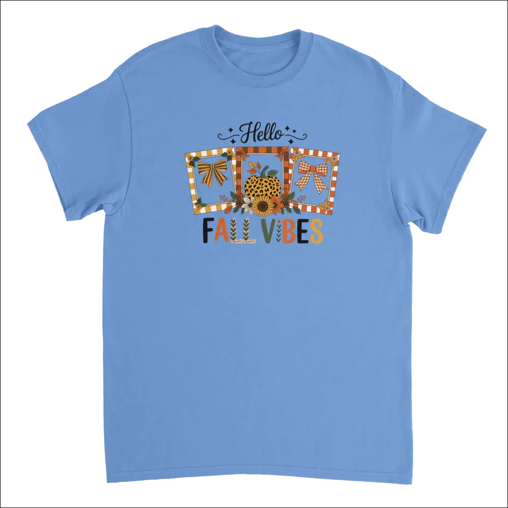Light blue cotton Hello Autumn Vibes T-shirt with fall graphic
