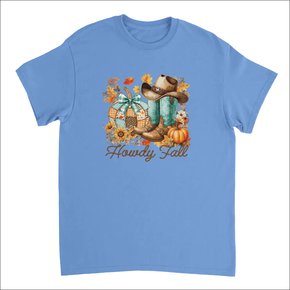 Light blue Howdy Fall Western t-shirt with cowboy boots, hat, pumpkins, sunflowers