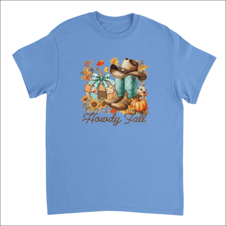 Light blue Howdy Fall Western t-shirt with cowboy boots, hat, pumpkins, sunflowers