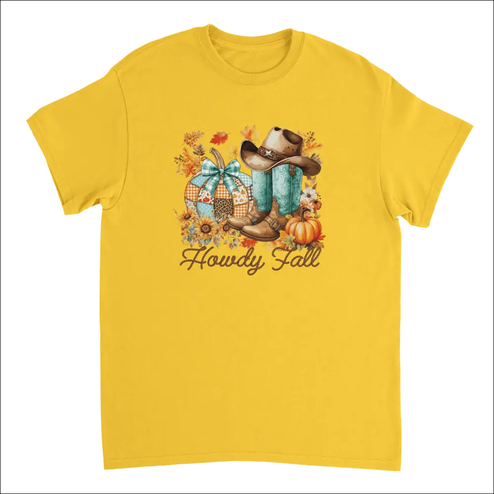 Vibrant yellow Howdy Fall t-shirt with rustic autumn cowboy boots, hat, pumpkins
