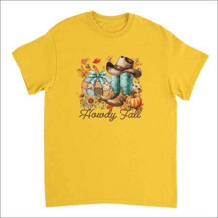 Vibrant yellow Howdy Fall t-shirt with rustic autumn cowboy boots, hat, pumpkins