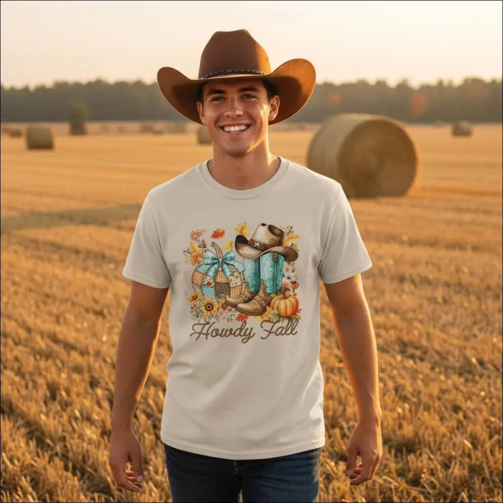 White cotton Howdy Fall t-shirt with colorful autumn cowboy boots, hat and pumpkins