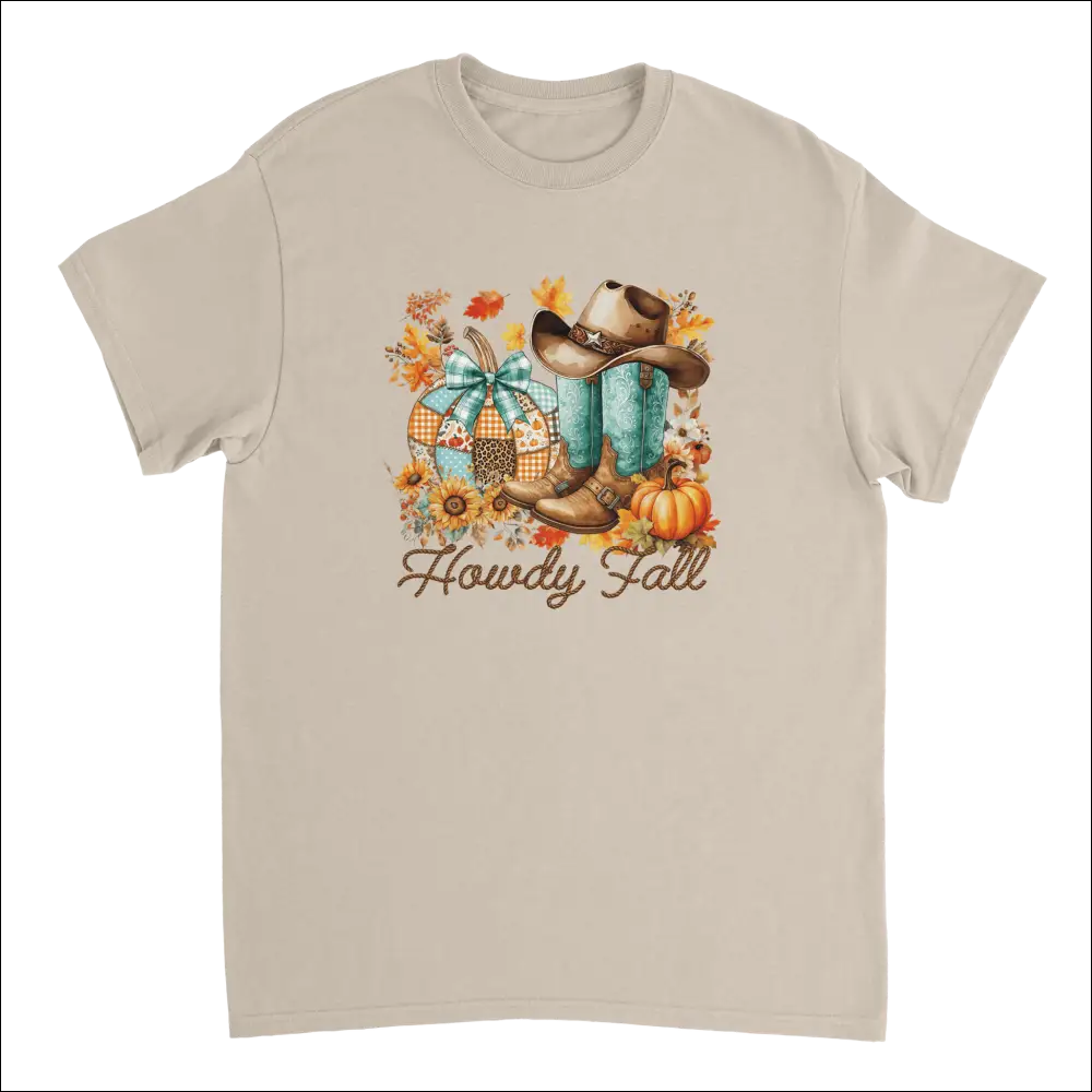 Beige Howdy Fall t-shirt with watercolor cowboy boots, hat, pumpkins, leaves