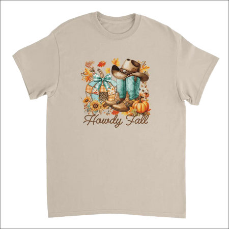Beige Howdy Fall t-shirt with watercolor cowboy boots, hat, pumpkins, leaves