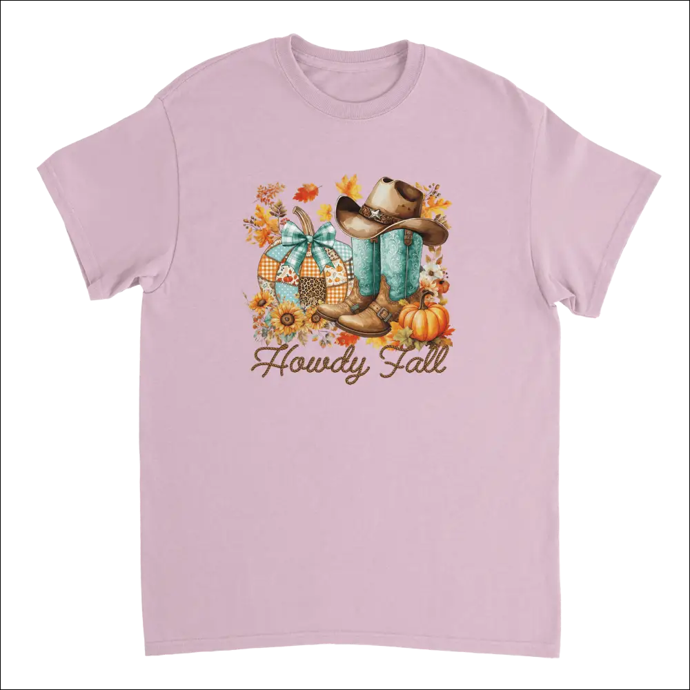 Lavender short-sleeved Howdy Fall t-shirt with autumn cowboy graphic