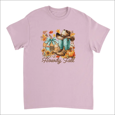 Lavender short-sleeved Howdy Fall t-shirt with autumn cowboy graphic