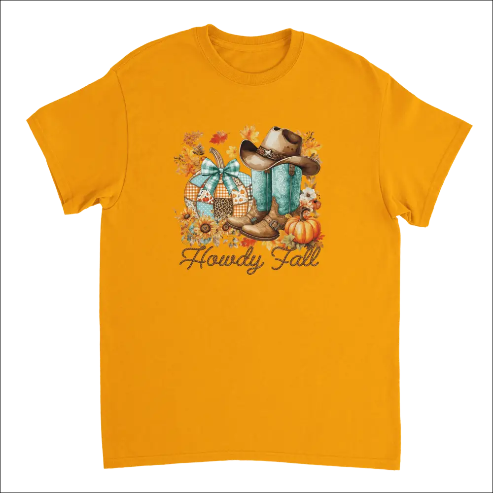 Vibrant orange Howdy Fall t-shirt with autumn cowboy boots, hat, and pumpkins