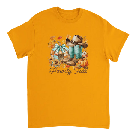 Vibrant orange Howdy Fall t-shirt with autumn cowboy boots, hat, and pumpkins