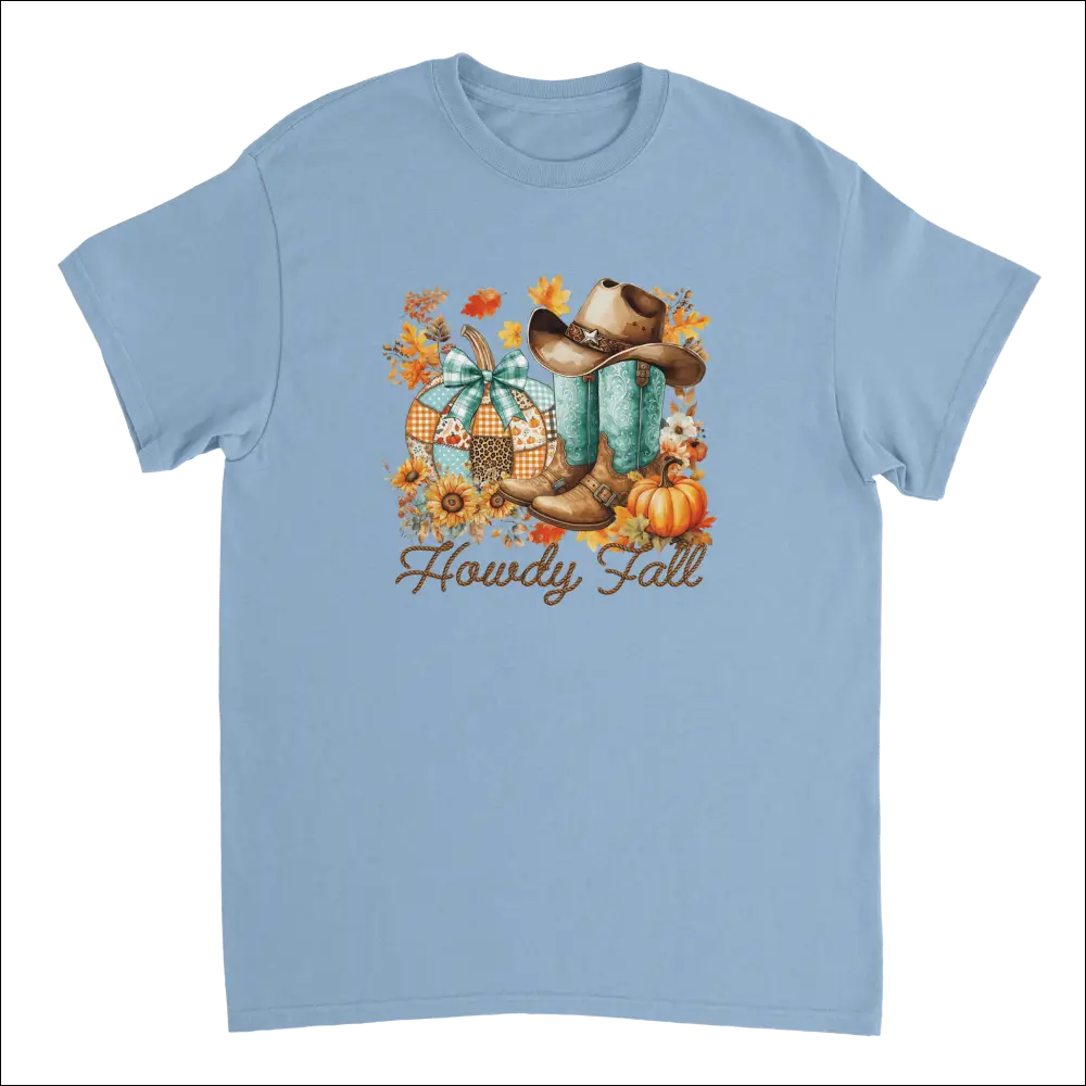Light blue Howdy Fall t-shirt with autumn cowboy graphic and boots
