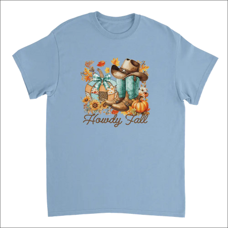 Light blue Howdy Fall t-shirt with autumn cowboy graphic and boots