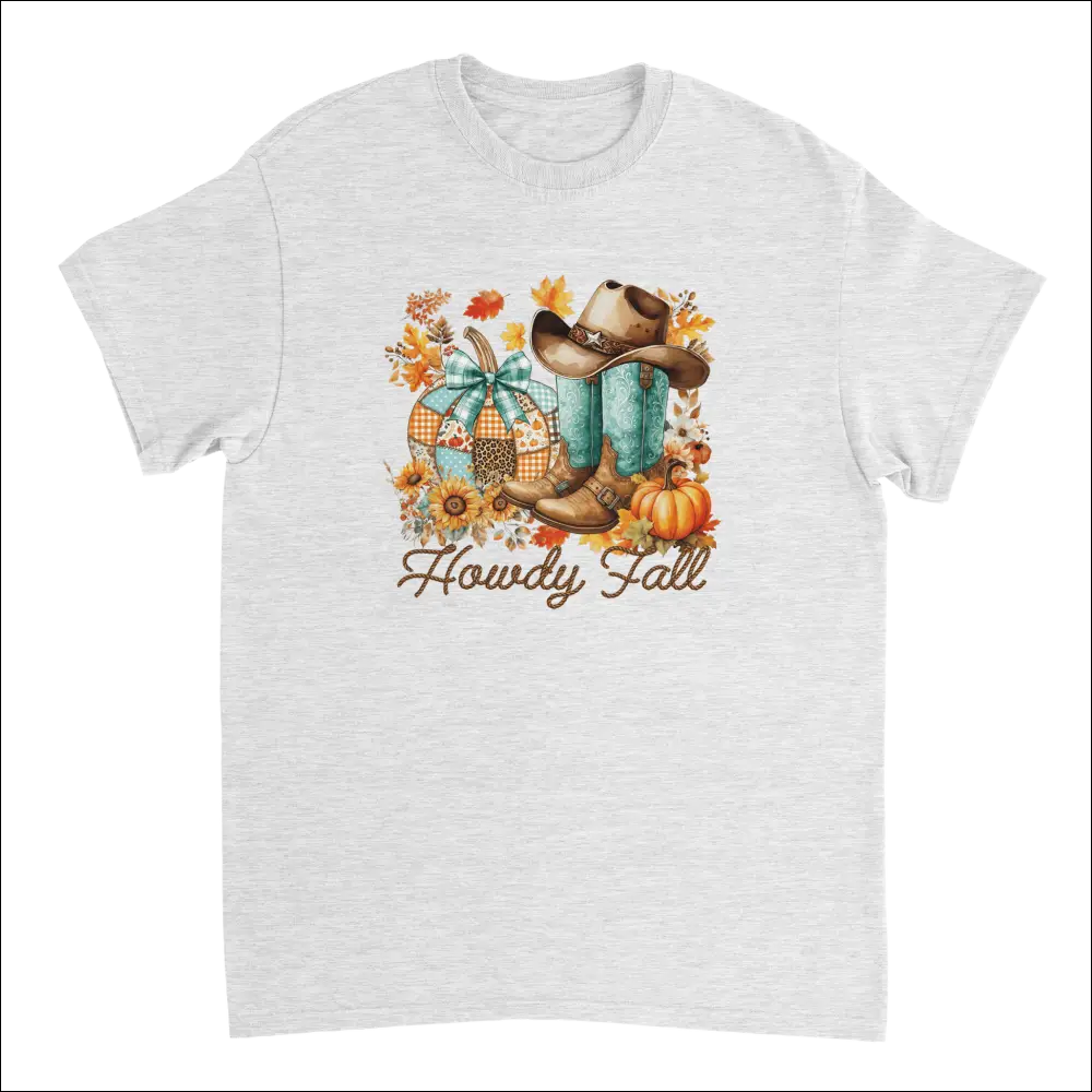 Heather gray Howdy Fall t-shirt with watercolor cowboy boots, hat, and pumpkins
