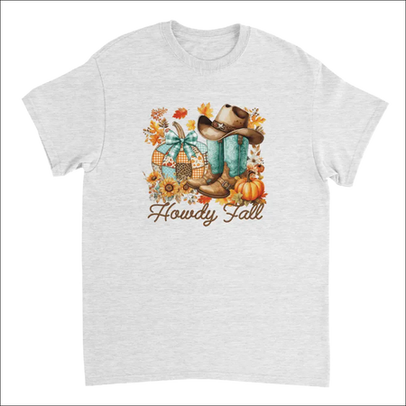 Heather gray Howdy Fall t-shirt with watercolor cowboy boots, hat, and pumpkins
